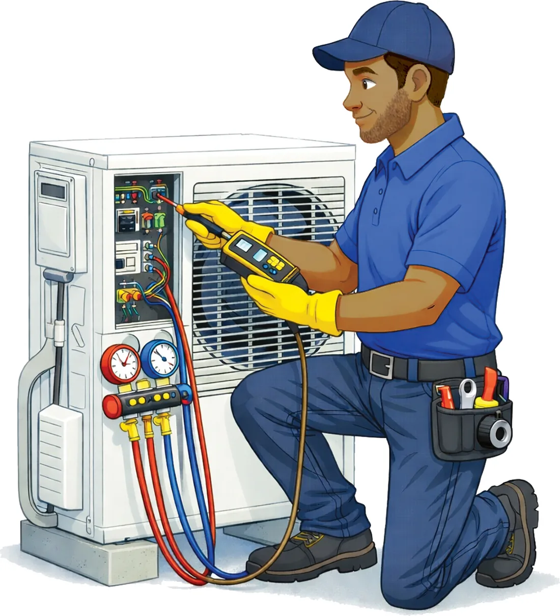 An illustration of a technician servicing an air conditioning unit.