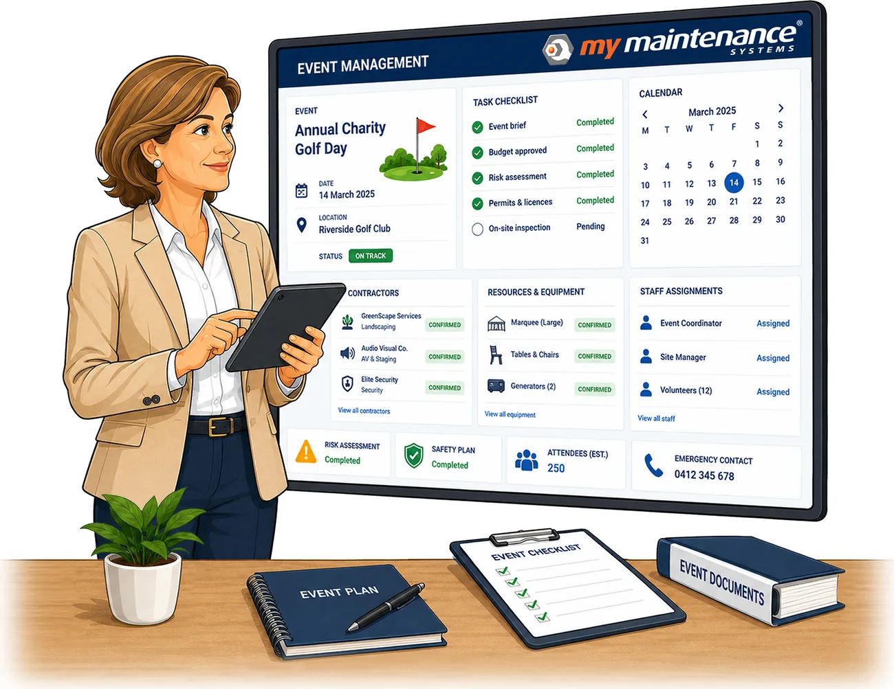 An illustration of an event manager reviewing the My Maintenance event management screen.