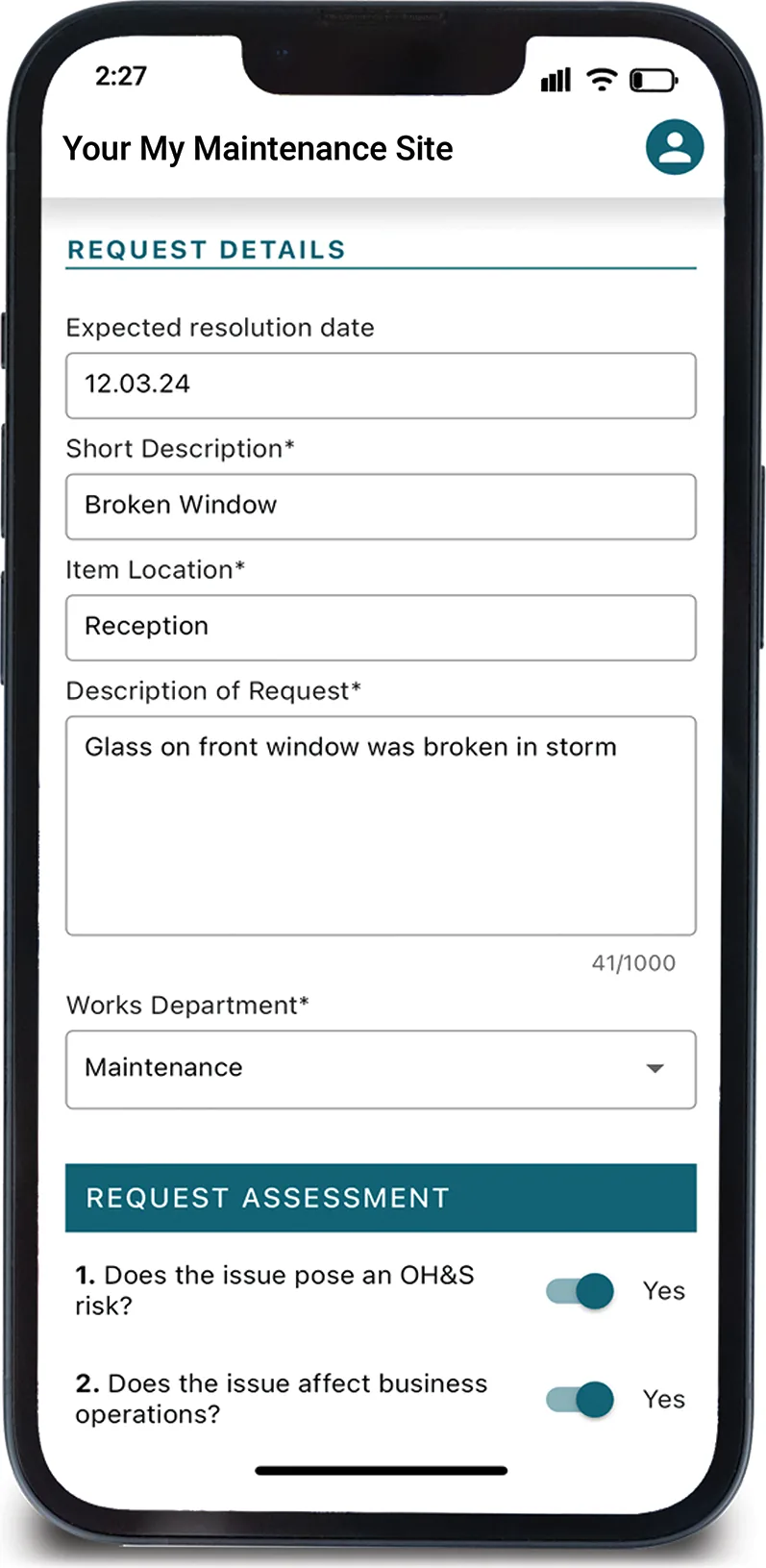 The My Maintenance request form on a phone, showing request details and an OH&S assessment.