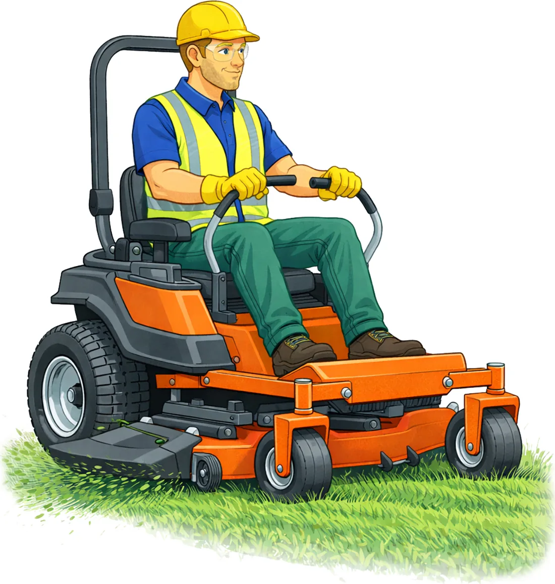 An illustration of a groundskeeper mowing lawns on a ride-on mower.